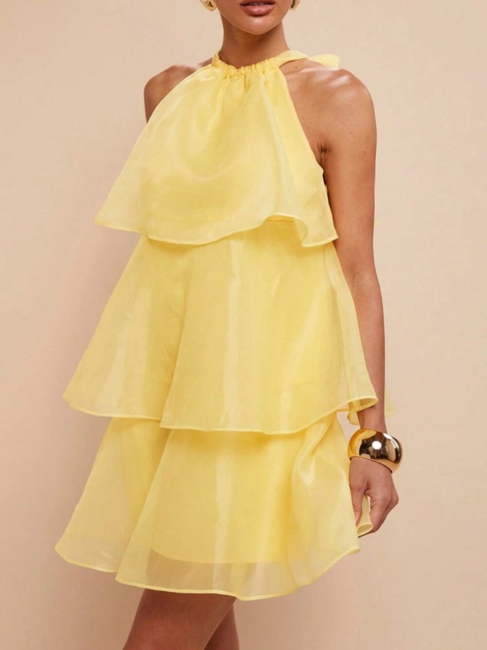 Yellow Organza Tiered Halter Mini Dress - Picture 1 of 6